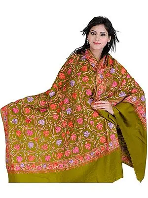 Woodbine-Green Shawl from Kashmir with Aari Embroidered Chinar Leaves