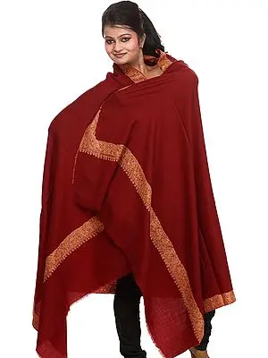 Plain Maroon Shawl from Kashmir with Hand Embroidered Sozni Border