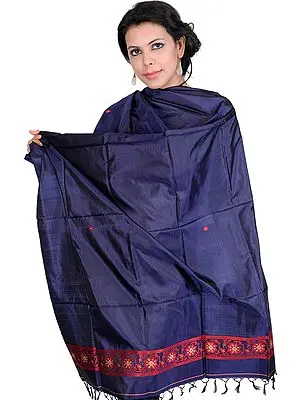 Navy-Blue Plain Shawl from Kolkata with Hand-woven Bootis