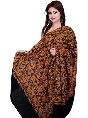 Black Kashmiri Tusha Shawl with Fine Sozni Embroidery by Hand