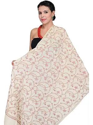 Ivory Stole from Kashmir with Needle Stitch Embroidery by Hand