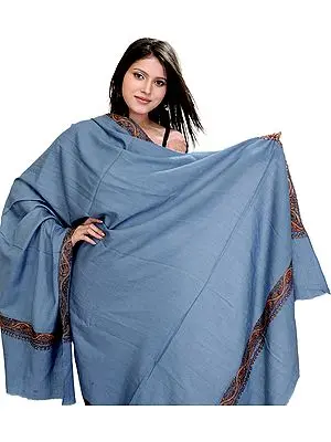 Aegean Blue Plain Tusha Shawl with Intricate Kashmiri Sozni Embroidery by Hand on Borders