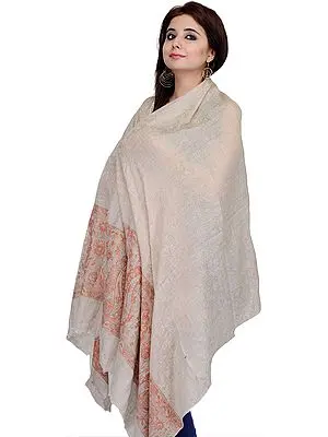 Doeskin Pashmina Shawl from Kashmir with Self Weave and Paisleys Border