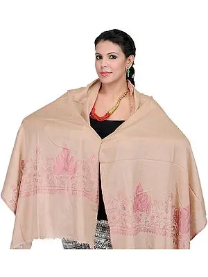Beige Plain Stole from Kashmir with Hand Embroidered Maple Leaves on Border