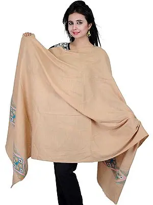 Beige Shawl from Kullu with Kinnauri Woven Border