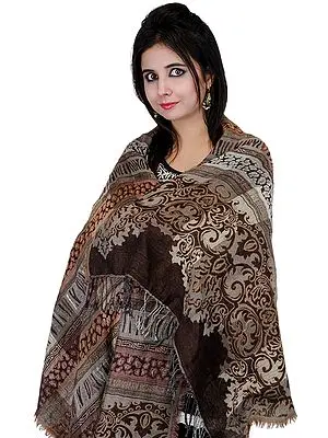 Partridge-Brown and Gray Reversiblke Jamawar Stole with Arabian Weave