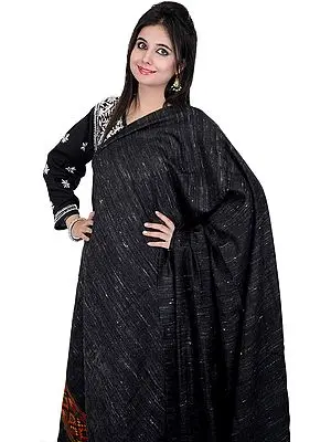 Charcoal-Gray Shawl from Kullu with Kinnauri Woven Border