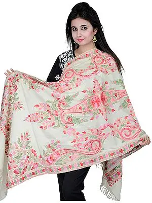 White-Asparagus Stole from Kashmir with Aari Embroidered Flowers