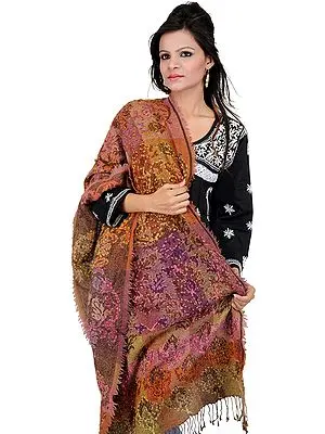 Brown Reversible Jamawar Stole with Floral Embroidery