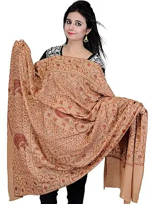 Rugby-Tan Kashmiri Tusha Shawl with Needle Stitched Hand Embroidered Paisleys