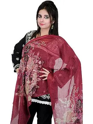 Earth-Red Stole with Large Digital Printed Roses