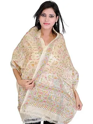 Beige Scarf with Kantha Embroidered Folk Figures Inspired by Warli Art