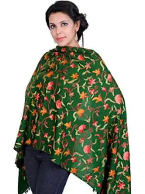 Tusha Stole from Kashmir with Hand-Embroidered Flowers