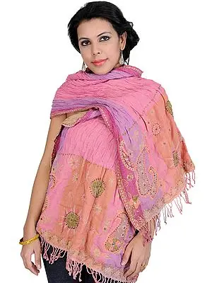 Aurora-Pink Printed Jamawar Stole with Embroidered Beads and Sequins