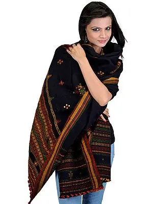 Black Shawl from Kutch with Embroidered Bootis and Mirrors