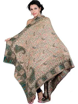 Beige and Green Kani Shawl with Woven Flowers in Multi-Colored Thread