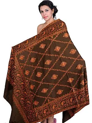 Brunette-Brown Shawl from Kashmir with Sozni Embroidered Paisleys by Hand