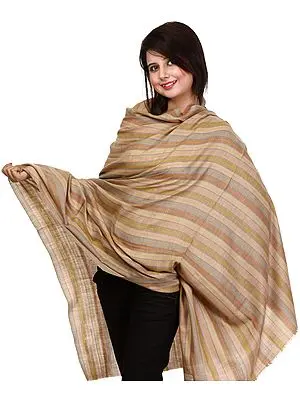 Beige Pure Pashmina Shawl with Multi-Color Woven Stripes