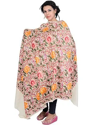 Ivory Jamdani Shawl from Kashmir with Aari Embroidered Flowers All-Over