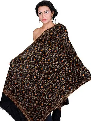 Black Kashmiri Tusha Stole with Needle Stitched Hand Embroidered Flowers