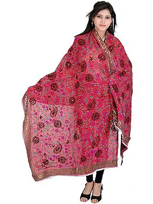 Earth-Red Phulkari Dupatta from Punjab with Aari Embroidered Flowers