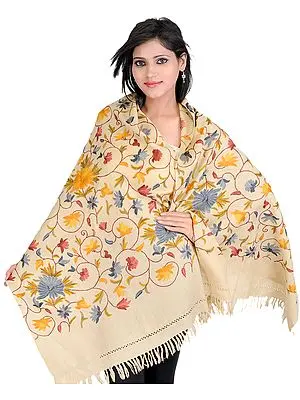 Beige Stole from Kashmir with Hand Embroidered Flowers