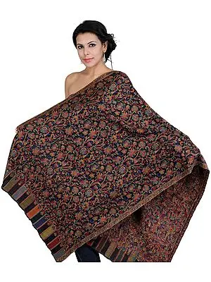 Black Kani Stole with Woven Flowers in Multi-Colored Thread