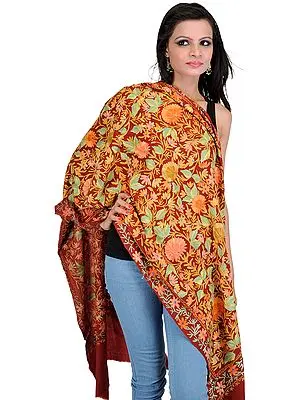 Red Ochre Stole from Kashmir with Aari Embroidered Flowers