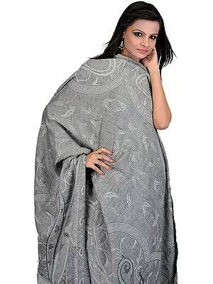 Limestone-Gray Jamawar Reversible Shawl with Woven Paisleys and Leaves