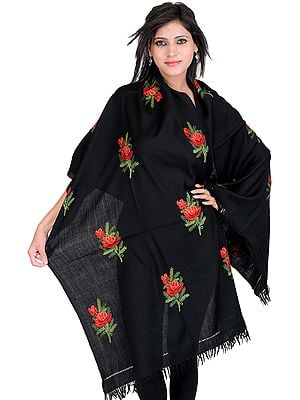 Black Kashmiri Stole with Aari Embroidered Flowers by Hand