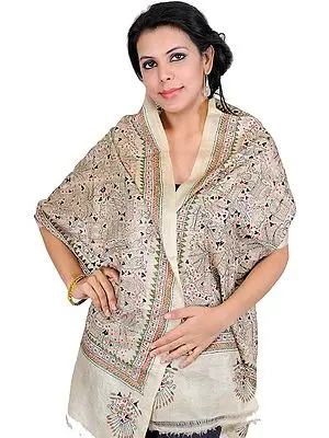 Beige Scarf with Kantha Embroidered Folk Figures Inspired by Warli Art