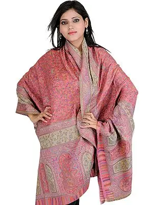 Strawberry-Pink Kani Shawl with Woven Paisleys in Multi-Colored Thread
