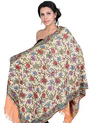 Salmon Designer Stole from Kashmir with Hand Embroidered Flowers