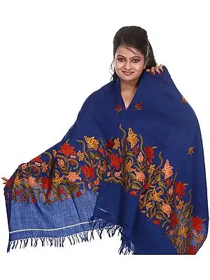 Dazzling-Blue Stole from Kashmir with Hand-Embroidered Flowers