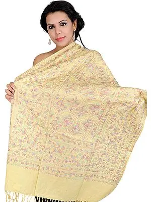 Mellow-Yellow Stole from Amritsar with Aari Embroidered Flowers