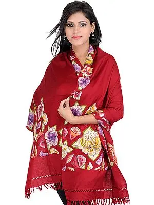 Maroon Designer Stole from Kashmir with Hand-Embroidered Flowers