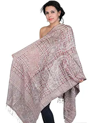 Antler-Brown and Gray Reversible Jamawar Stole with Large Woven Paisleys