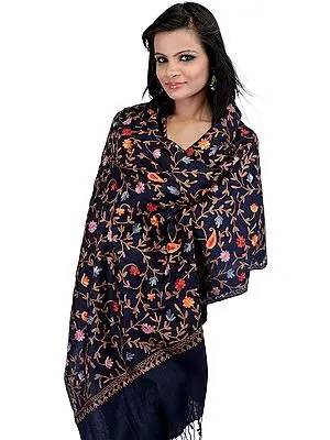 Navy-Blue Stole from Amritsar with Aari Embroidered Flowers and Paisleys