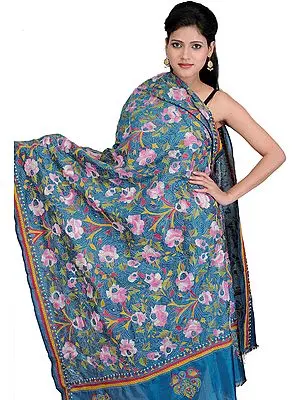 Provincial-Blue Dupatta from Kolkata with Kantha Stitch Embroidered Flowers