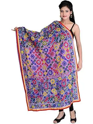 Chalk-Violet Phulkari Dupatta from Punjab with Aari Embroidered Flowers