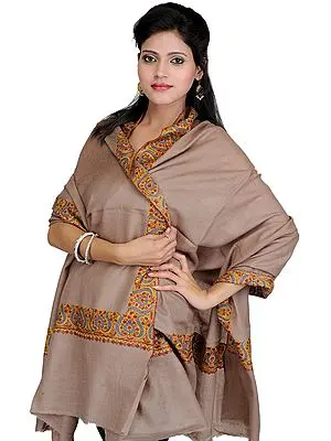 Chateau-Gray Plain Tusha Shawl from Kashmir with Hand Embroidery on Border