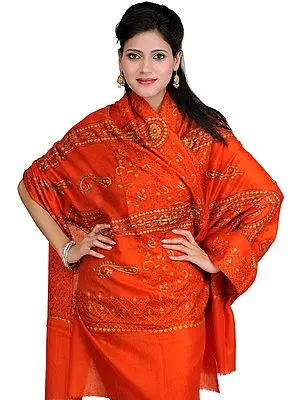 Flame-Orange Pure Pashmina Shawl from Kashmir with Sozni Embroidery by Hand