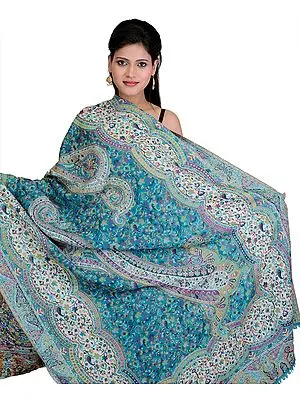 Bluejay Kani Shawl with woven Paisleys and Flowers in Multi-Color Thread