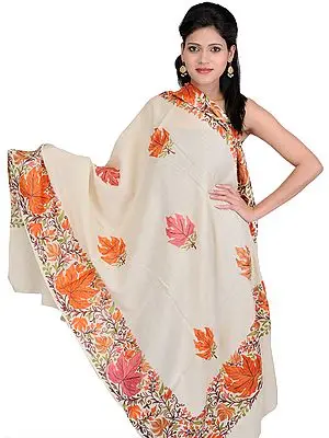 Ivory Shawl from Kashmir with Aari Embroidered Maple Leaves