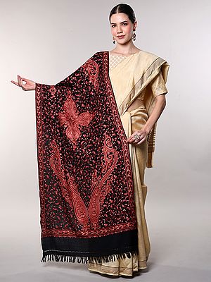 Stole from Kashmir with Aari Hand-Embroidered Giant Paisleys All-Over