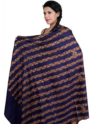 Navy-Blue Kashmiri Shawl with Needle Stitch Embroidered Flowers All-Over