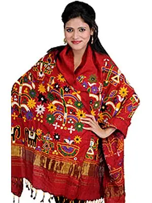 Shawl from Kutch with Embroidered Flowers and Mirrors