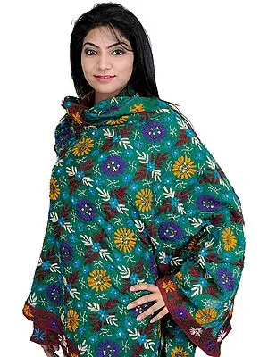 Cadmium-Green Phulkari Dupatta from Punjab with Aari Embroidered Flowers