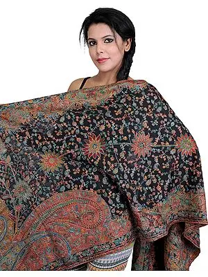 Black Kani Stole with Kalamkari Embroidery by Hand