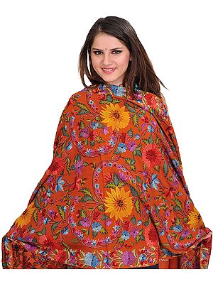 Pure Wool Stole from Kashmir with Aari Embroidered Giant Flowers by Hand